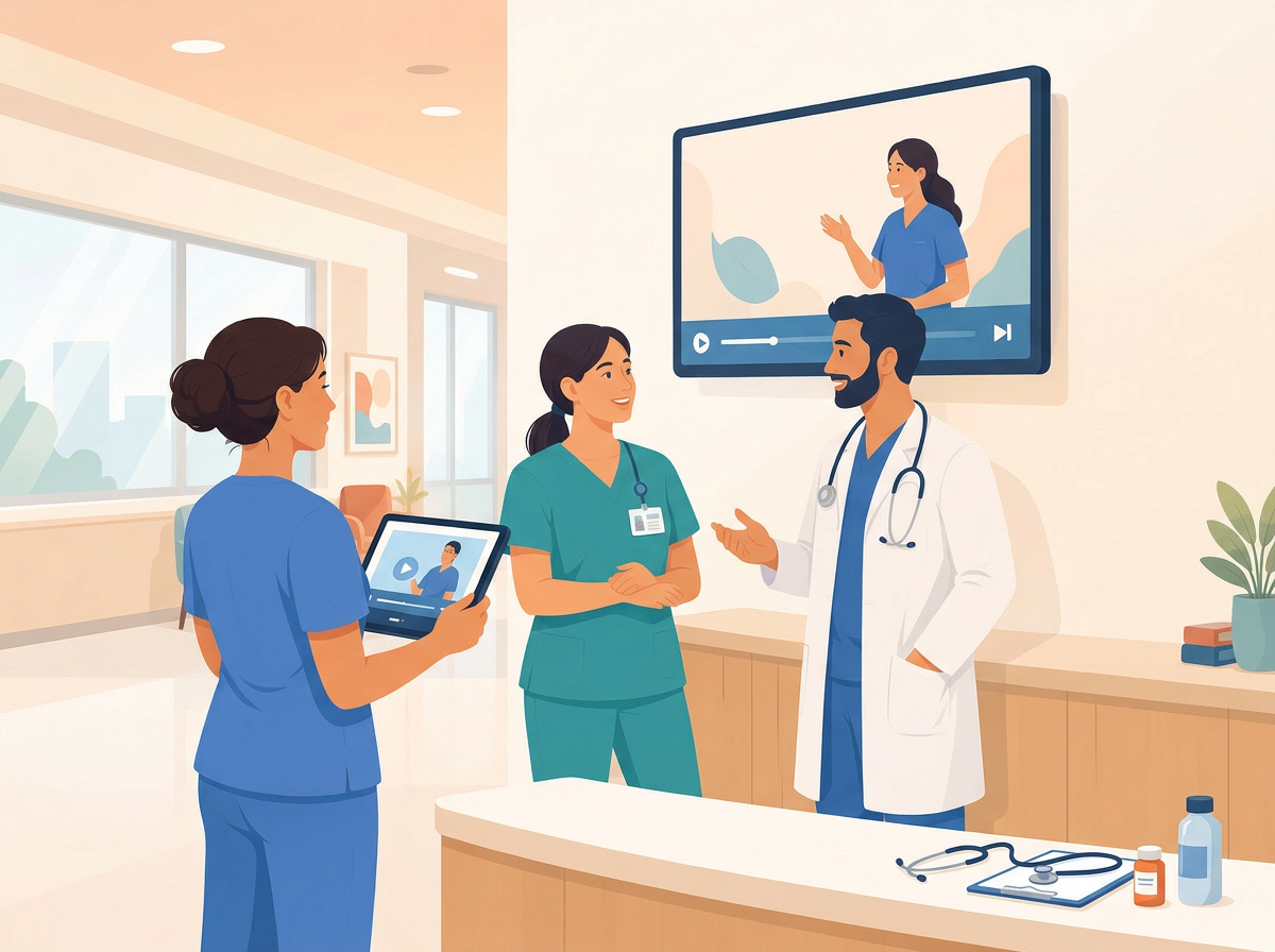 Healthcare staff watching a training video in a clinical setting.