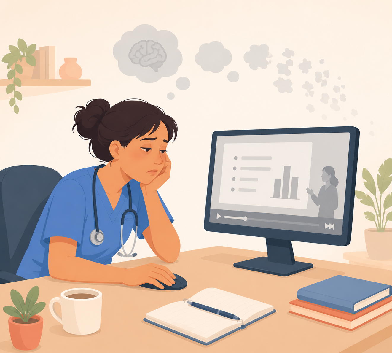 Tired clinical staff member zoning out in front of a training video.