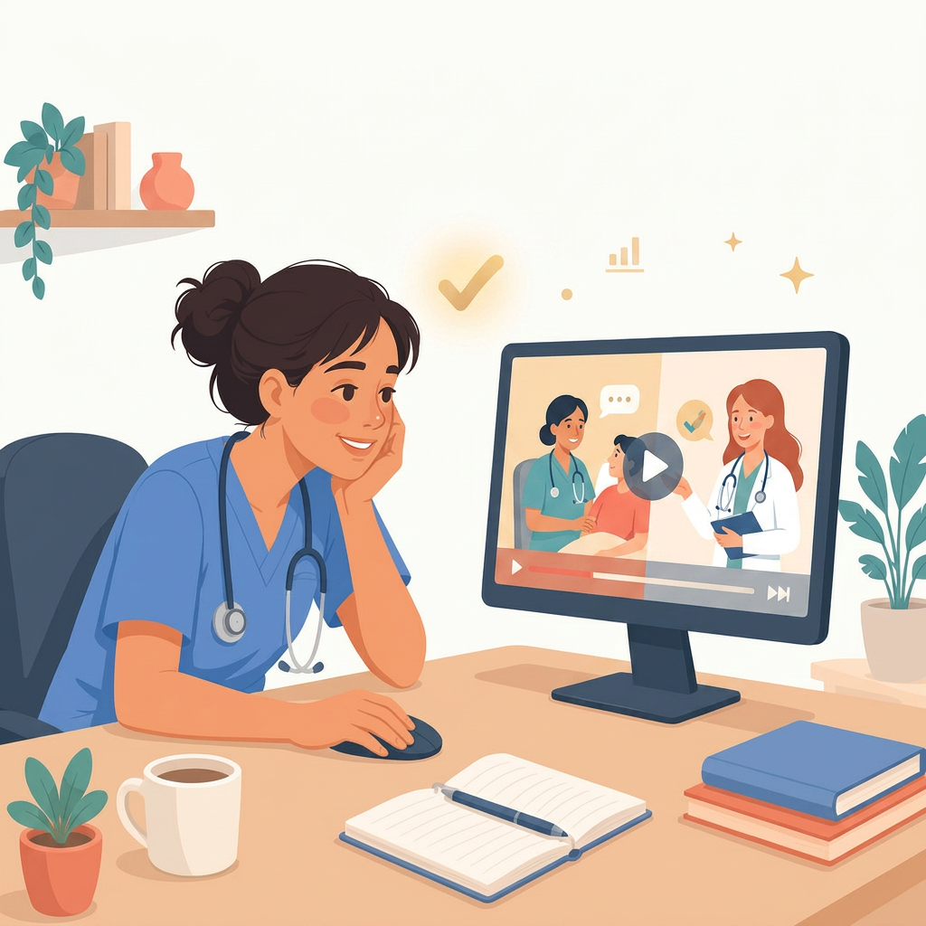 The same nurse, a week later, engaged and smiling while watching a clear training video.